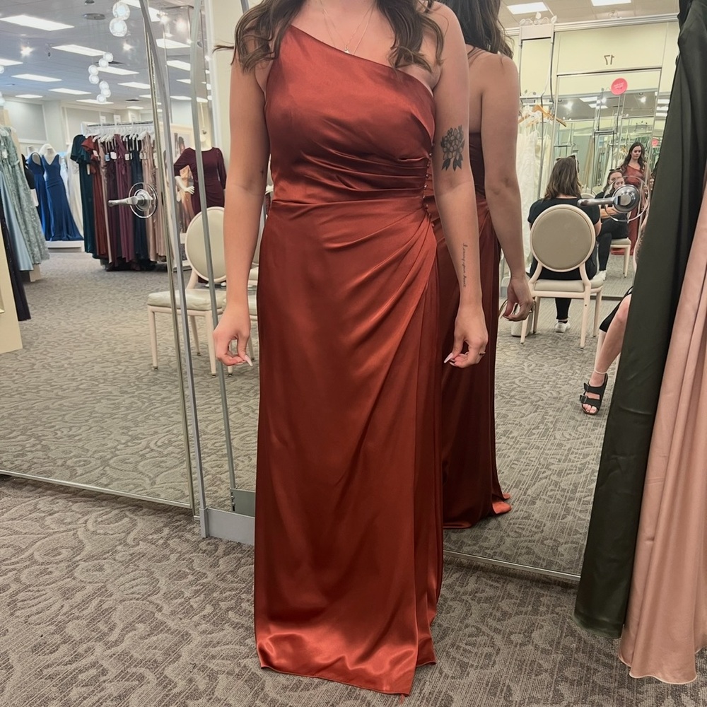 Elegant One Shoulder Satin Dress in Rust